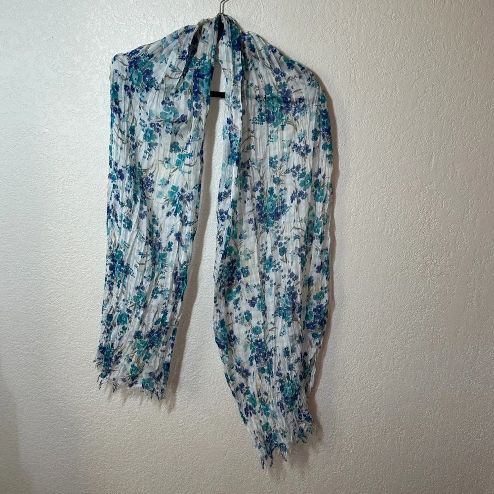 Floral Scarf‎ Lightweight White Blue Teal Summer Spring Shawl Wrap